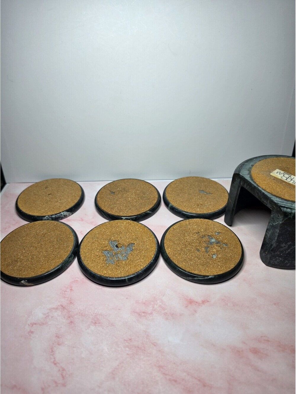 Vintage Green Marble Coaster Set of 6 with Holder